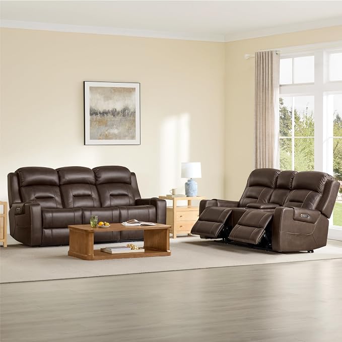 Watson & Whitely Genuine Leather Power Loveseat and Recliner Sofa Set, Lay Flat Reclining Couch with Console, Power Headrest, USB & Wireless Charging, Cup Holders for Living Room, Dark Brown