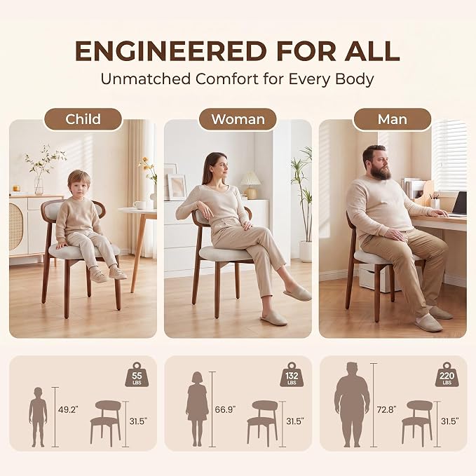 Wooden Dining Chairs Set of 2, Modern Fabric Upholstered Dining Room Chair, Kitchen Side Chairs, Farmhouse Dinner Chair with Curved Back for Kitchen, Beige