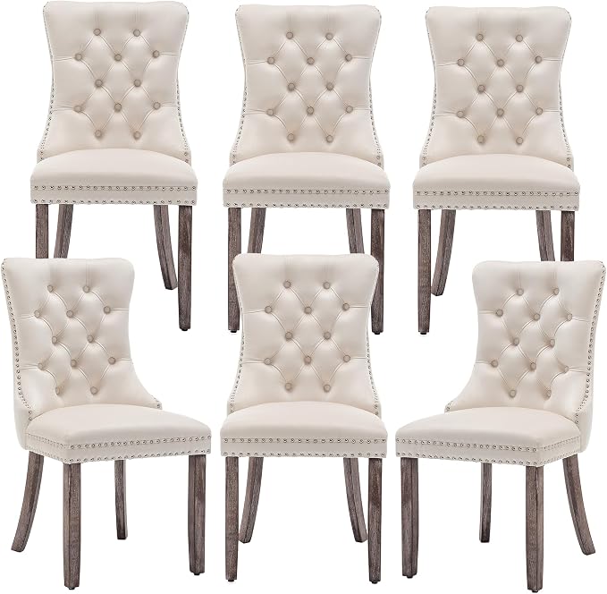 Mid Century Modern Dining Chair Set of 6 Velvet Upholstered Dining Accent Chair Farmhouse Dining Chairs with High Back and Nailhead Trim for Kitchen, Living Room, Bedroom (Beige)