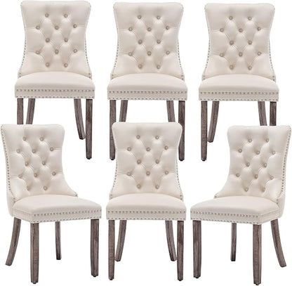 Mid Century Modern Dining Chair Set of 6 Velvet Upholstered Dining Accent Chair Farmhouse Dining Chairs with High Back and Nailhead Trim for Kitchen, Living Room, Bedroom (Beige)