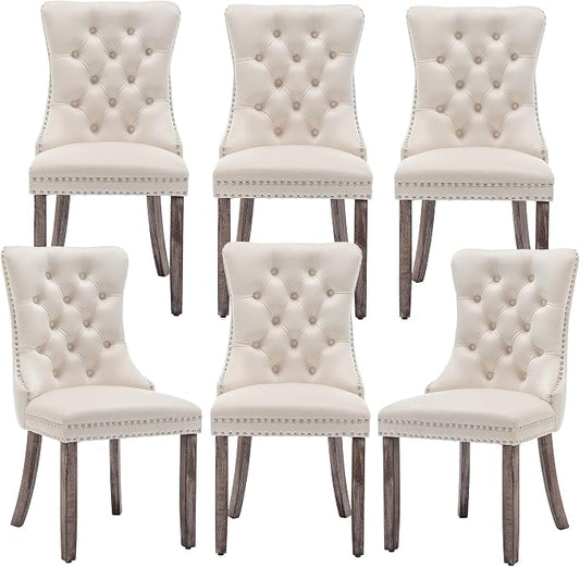 Mid Century Modern Dining Chair Set of 6 Velvet Upholstered Dining Accent Chair Farmhouse Dining Chairs with High Back and Nailhead Trim for Kitchen, Living Room, Bedroom (Beige)
