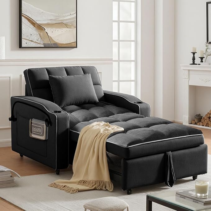 4 in 1 Sleeper Chair, Velvet Pull Out Chair Sleeper with Bracket and Cup Holder, Chairs Bed Sleepers with USB Port for Adults, Sofa Bed Chairs for Small Spaces, Living Room, Black