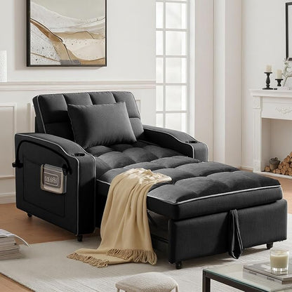 4 in 1 Sleeper Chair, Velvet Pull Out Chair Sleeper with Bracket and Cup Holder, Chairs Bed Sleepers with USB Port for Adults, Sofa Bed Chairs for Small Spaces, Living Room, Black