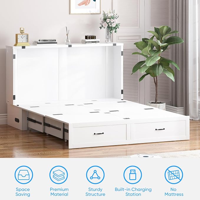 PUREMIND Murphy Bed Queen, Arched Frames Cabinet Beds Chest with Charging Station & Storage Drawers, Convertible Hideaway Cabinet Bed for Guest Room, White, Without Mattress