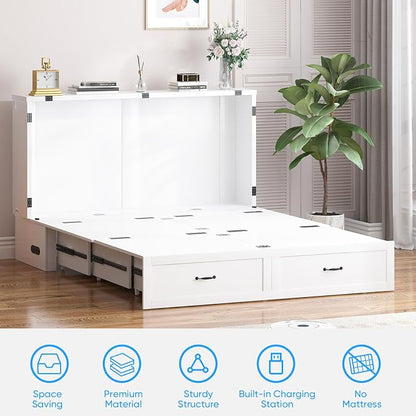 PUREMIND Murphy Bed Queen, Arched Frames Cabinet Beds Chest with Charging Station & Storage Drawers, Convertible Hideaway Cabinet Bed for Guest Room, White, Without Mattress