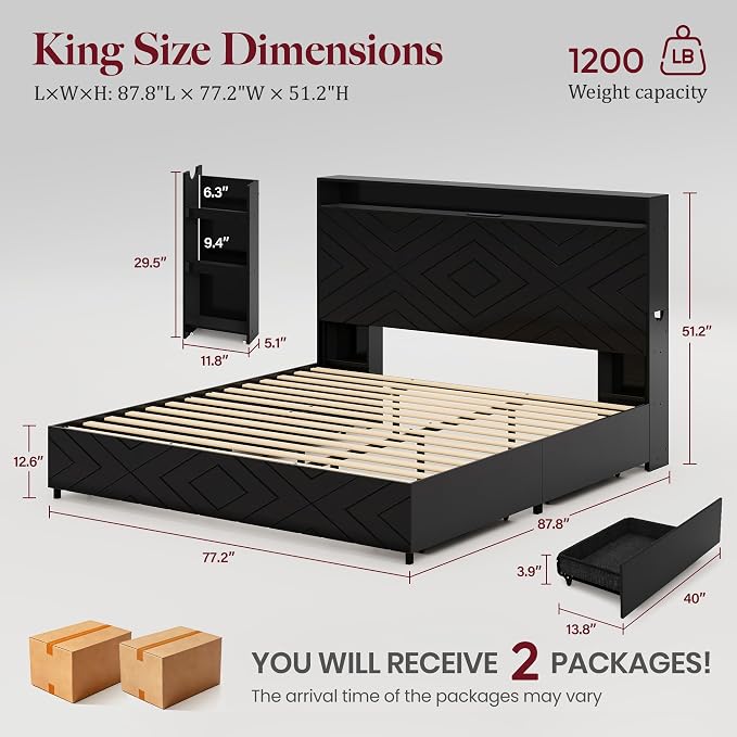 King Size Bed Frame with 2 Bedside Stoage Racks & 4 Locking Drawers, 51.18" Tall Headboard with Charging Station & RGB LED Lights, Farmehouse Platform Bed Frame, No Box Spring Needed, Black