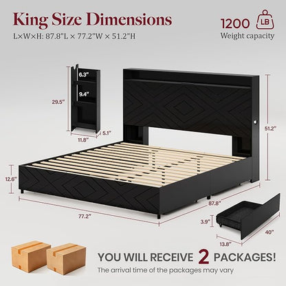 King Size Bed Frame with 2 Bedside Stoage Racks & 4 Locking Drawers, 51.18" Tall Headboard with Charging Station & RGB LED Lights, Farmehouse Platform Bed Frame, No Box Spring Needed, Black