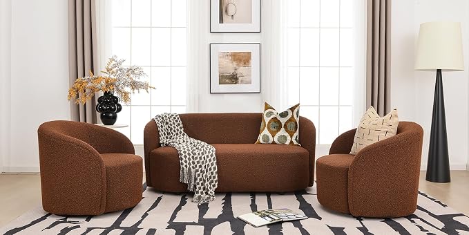 KINWELL 68" Boucle Upholstered Loveseat Sofa with Set of 2 Swivel Barrel Accent Chairs, Minimalist Comfy 2-Seater Couch and 2 Sherpa Armchairs for Small Spaces Apartment, Brown