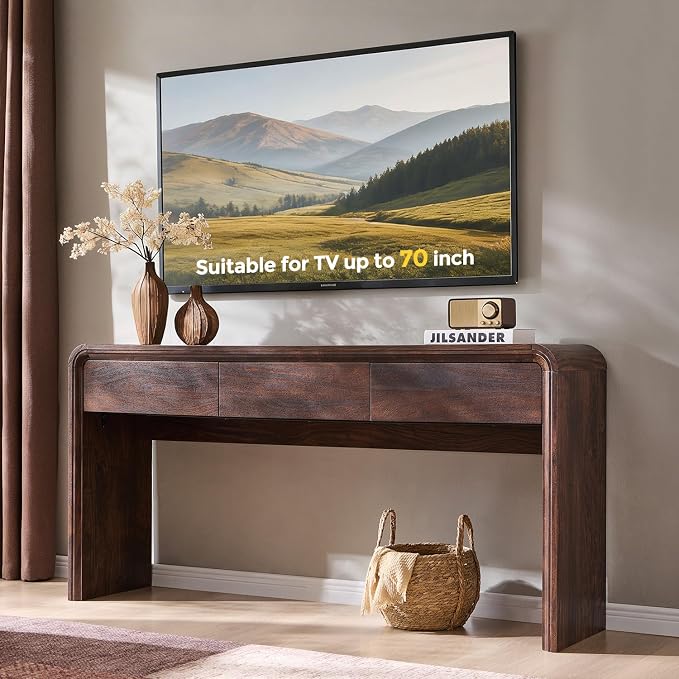 Aitjunz 63'' Console Table with 3 Drawers, Modern Entryway Table with Curved Profile Design, Narrow Long Wood Sofa Table Behind Couch Table for Living Room, Hallway, Foyer, Brown