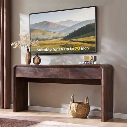 Aitjunz 63'' Console Table with 3 Drawers, Modern Entryway Table with Curved Profile Design, Narrow Long Wood Sofa Table Behind Couch Table for Living Room, Hallway, Foyer, Brown