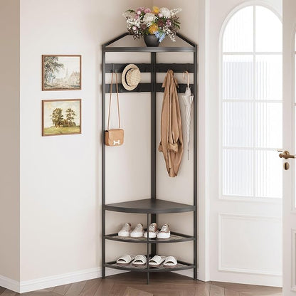 GiftGo Corner Hall Tree with Shoe Bench Entryway Coat Rack with 10 Metal Movable Hooks Freestanding Clothes Rack Shoes Shelf Organizer for Home Office Bedroom (Black)
