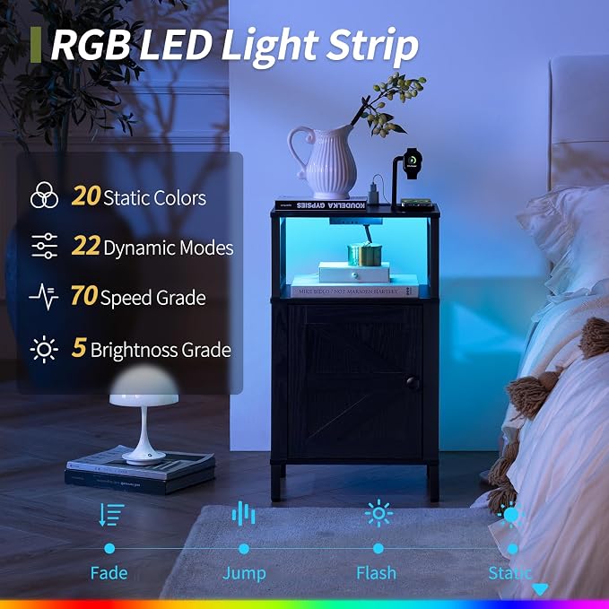 Yoobure Farmhouse NightStand with Charging Station，Wood Night Stand End with USB Ports, LED Bed Side Table with Storage Cabinet，Bedside Table for Bedroom, Living Room Black