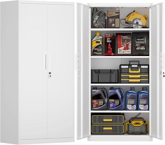 72" H Metal Garage Storage Cabinet with 2 Doors and 4 Shelves, White Steel Locking File Cabinet, Metal Storage Cabinets for Office, Home, Garage, Gym, School