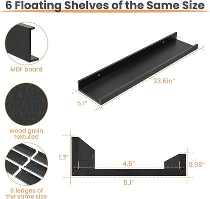 upsimples Floating Shelves for Wall, 23.6 Inch Shelves for Decor Storage Set of 6, Wall Mounted Wood Shelf for Bedroom, Living Room, Bathroom, Kitchen, Long Picture Ledge Shelves, Black