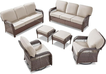 Belord Luxury Patio Furniture Set with 5-inch Thick Cushion, Outdoor 3-seat Sofa and High Back Swivel Rocker Patio Chairs and Ottoman, 6PCS Wicker Conversation Set for Deck Yard and Poolside,Beige