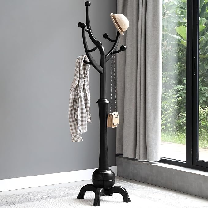 Bekrvio Black Freestanding Wood Coat Rack with 8 Hooks | Tree branch Design, Stable Sphere Base for Entryway, Hallway, Bedroom, Office, Apartment, Foyer; Hangs Coats, Hats, Bags