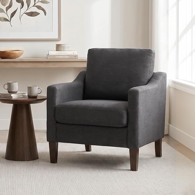 VKNOW Mid-Century Accent Chairs Set of 2, No Tools Assembly Required, Modern Upholstered Polyester Armchairs for Living Room & Bedroom, Comfortable Reading Chairs with Wood Legs, Dark Grey