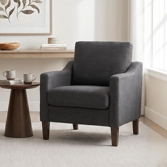 VKNOW Mid-Century Accent Chair, No Tools Assembly Required, Modern Upholstered Polyester Armchair for Living Room,Comfy Reading Accent Chairs with Wood Legs for Bedroom, Dark Grey