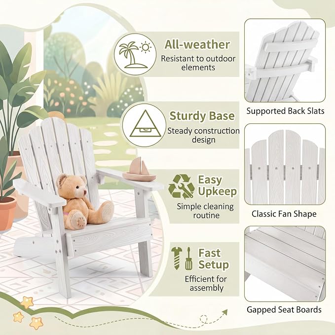 Giantex Kids Adirondack Chair, All-Weather HIPS Children's Outdoor Chair with Tilted High Backrest, Toddler Beach Chair for Garden Patio Backyard, Kids Lawn Chairs for Age 3-7 (1,White)
