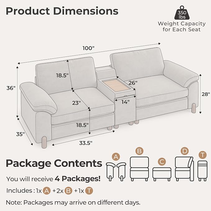 SITJOY Large Cloud Couch, 100" Wide Loveseat Sofa, Chenille in Light Gray | Detachable and Washable Chenille Cover Sectional Sofas for Living Room, Deep Seat Wide Couch with Cuphoders
