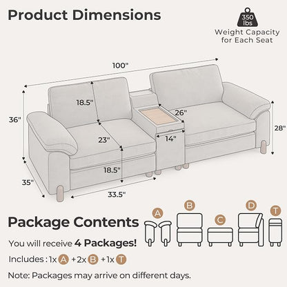 SITJOY Large Cloud Couch, 100" Wide Loveseat Sofa, Chenille in Light Gray | Detachable and Washable Chenille Cover Sectional Sofas for Living Room, Deep Seat Wide Couch with Cuphoders