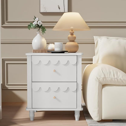 White Nightstand Set of 2 with 2 Drawers, Modern Night Stand Set 2 with Petal Pattern for Bedroom, Side End Table Scalloped Bedside Night Tables with Solid Wood Legs
