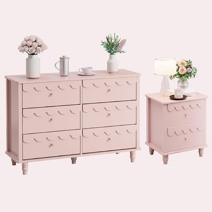 Anbuy Bedroom Sets Scalloped 6 Drawer Dresser and Night Stand Sets for Bedroom, Two Drawers Nightstand & 6 Drawer Dresser Combo 2 Pieces (Pink)