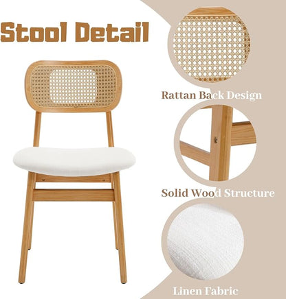 ROCITY Rattan Dining Chairs Set of 4 Beige Linen Fabric Dining Room Chairs Natural Wooden Kitchen Chairs Farmhouse Boho