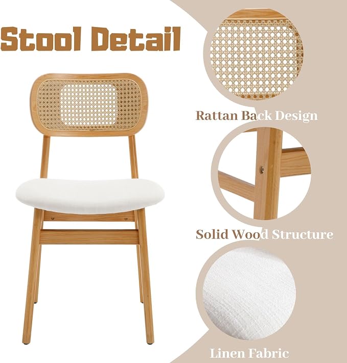ROCITY Rattan Dining Chairs Set of 6 Beige Linen Fabric Dining Room Chairs Natural Wooden Kitchen Chairs Farmhouse Boho