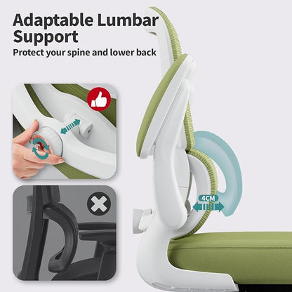 TRALT Office Chair - Ergonomic Desk Chair with Adjustable Lumbar Support, Mesh Computer Chair, Executive Chairs for Home Office Comfortable Lumbar Support (White Green)