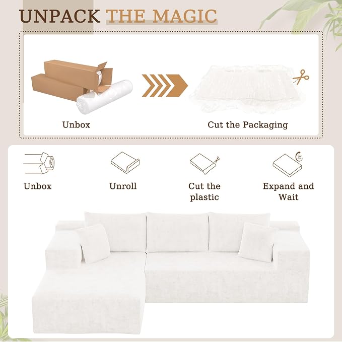 YESHOMY Boneless Couches for Living Room, 108" Sectional Modular Sectional Sofa with Deep Seat, Cloud Comfy Couch with L-Shape Chaise, Easy Assembly (Chenille, Pearl Cream)