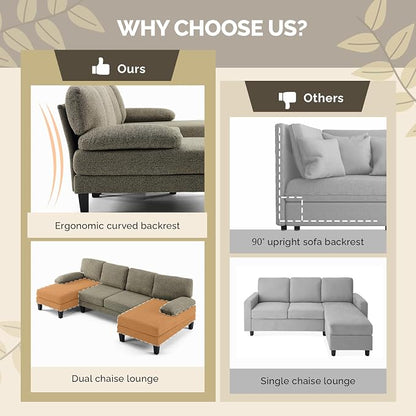 VINGLI 110' U-Shaped Sectional Couch with Two Chaise, Affordable Small Sofa with 4 Seats, Chenille Fabric Comfy Couches for Living Room, Khaki