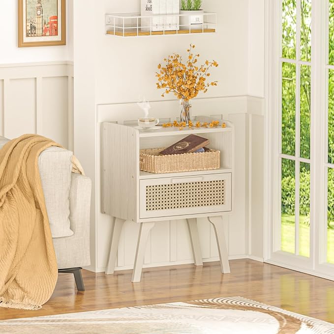 Lerliuo Rattan Nightstands Set of 2, Side Table with Drawer Open Shelf, Cane Accent Bedside End Table, Mid Century Modern Night Stand for Bedroom, Dorm and Small Spaces (Grey White)