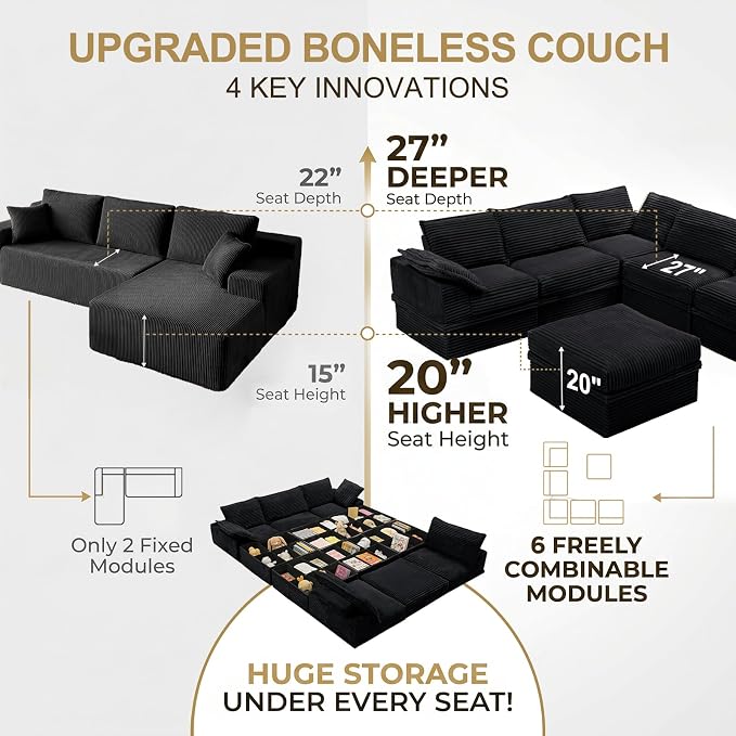 Upgrade Boneless Couch with Storage, Extra Deep&High Seat Modular Sectional Sofa 5 Seater U Shaped Couch with Ottoman, Tool-Free Assembly Sectional Couches for Living Room