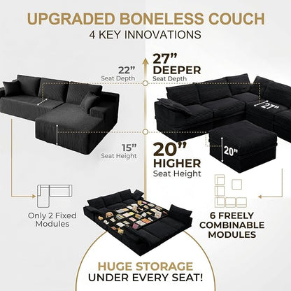 Upgrade Boneless Couch with Storage, Extra Deep&High Seat Modular Sectional Sofa 5 Seater U Shaped Couch with Ottoman, Tool-Free Assembly Sectional Couches for Living Room