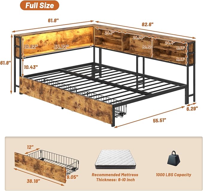 Bellemave Full Corner Bed Frame with Storage, Full Captains Bed with Charging Station, LED Light, Wood Daybeds with L-Shaped Bookcase and 2 Drawers, Brown