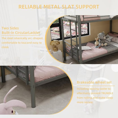 Metal Twin Over Twin Bunk Bed, Heavy-Duty Metal Bunk Bed, Noise Reduced Design/Safety Guardrail/2 Side Ladders/No Box Spring Needed (Silver)
