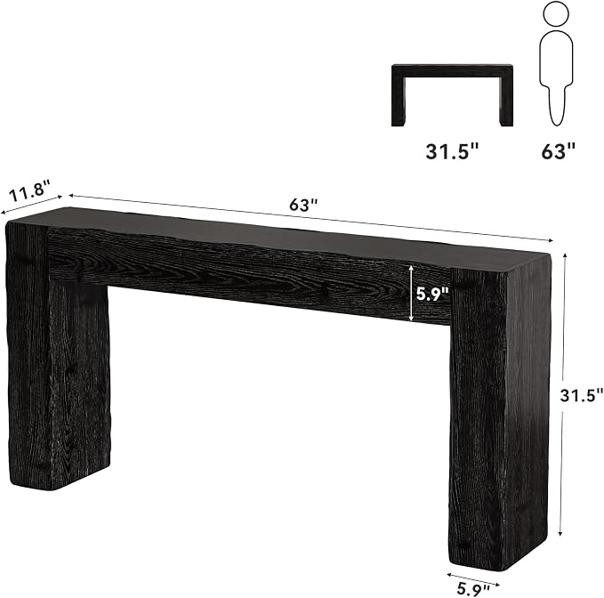 Solid Wood Console Table, 63-Inch Farmhouse Sofa Table Behind Couch for Entryway, Living Room, Foyer, Easy Assembly (Black)