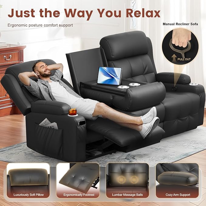 Loveseat Recliner, 3 Seater Massage Reclining Sofa Sets Heavy Weight Capacity, RV Loveseat Couch Clearance with Drop Down Table, Storage, Cup Holders, Wall Hugger Reclining Couch for Living Room