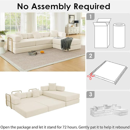HANXIN 108" Modular Sectional Sofa, Futon Convertible Sofa Bed,Oversized Corduroy Boneless Couch for Living Room,Floor Loveseat Sleeper with Pull Out Bed,Free Combination,No Assembly Required (Beige)