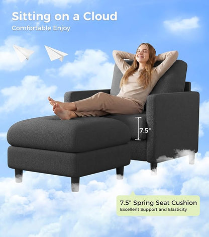 Welzona Sofa Accent Chair with Ottoman, 33" Reading Chair and Ottoman Set for Bedroom, Tool-Free Setup Living Room Accent Chairs, Comfy Arm Chairs Living Room, All-Wood Reading Nook, Grey