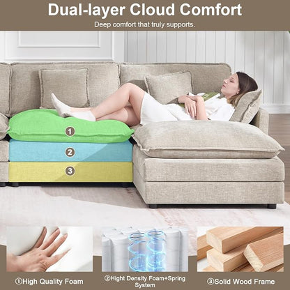 111.5" Modular Sectional Sofa, Large L Shaped Sectionals Cloud Couch, Big Comfy 3-Seat Couch with Ottoman, 4 Seater Chenille Sectional Sofa with Deep Seat and 5 Pillows for Living Room- Camel