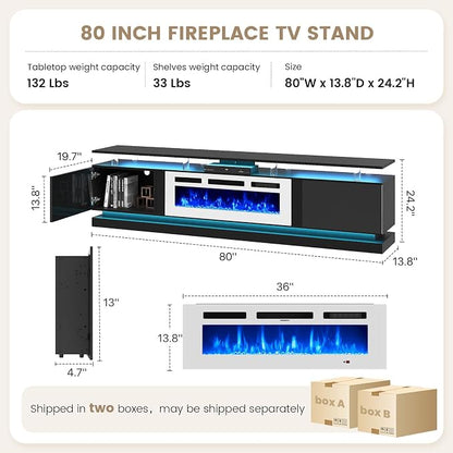 80" Fireplace TV Stand, Modern Entertainment Center for TVs Up to 90", TV Console with Storage Cabinets, Media Console for Living Room, Black TV Stand and White Fireplace