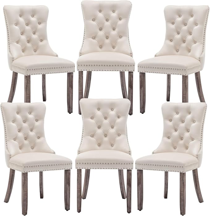 Hixkol Velvet Dining Chairs Set of 6,Upholstered Dining Chairs with Ring Pull Trim and Button Back,Modern Seating for Kitchen, Bedroom & Living Room(Beige)
