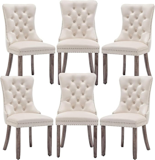 Hixkol Velvet Dining Chairs Set of 6,Upholstered Dining Chairs with Ring Pull Trim and Button Back,Modern Seating for Kitchen, Bedroom & Living Room(Beige)