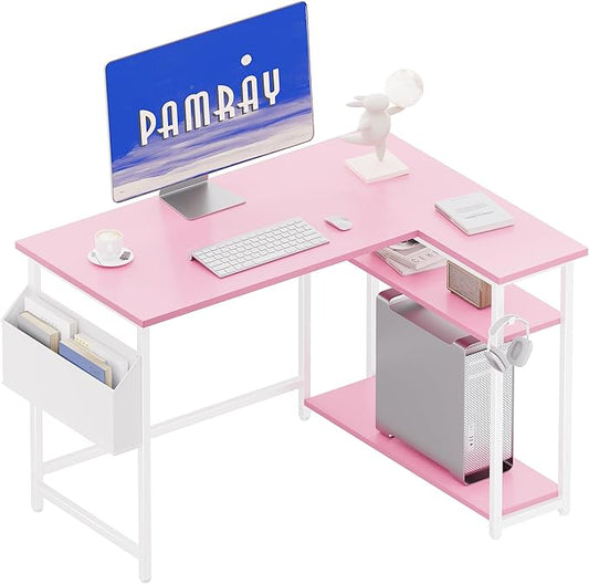 Pamray 40 Inch L Shaped Computer Desk with Reversible Side Storage Shelves, Small Corner Desk for Small Space Home Office, Writing Study Table PC Desk for Bedroom, Pink