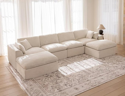 146" Modular Sectional Sofa – Modern Cloud Couch with Deep Chenille Seats, U-Shaped Boneless Sofa, Pet-Friendly, No Assembly, Warm White (4 Seater + 2 Ottoman)