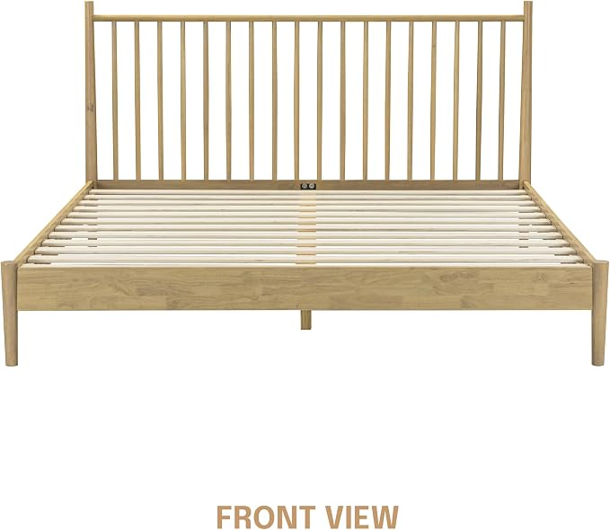 NTC Inno Wooden Bed Frame with Headboard, Solid Oak and Rubber Wood Foundation with Silent Slats and Wood Central Supports, 1000 Lb Capacity, Effortless Assembly, King - Sand