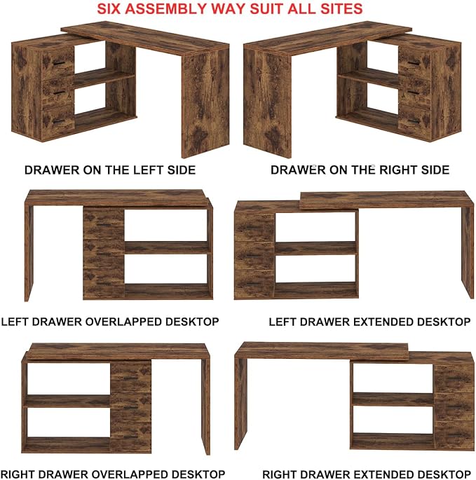 HSH L Shape Home Office Desk with Drawers, L-Shaped Computer Desk with Storage Cabinet Shelves, Wood Executive Desk for Writing Work, Reversible Study Table in Bedroom Living Room, Rustic Brown, 55 In