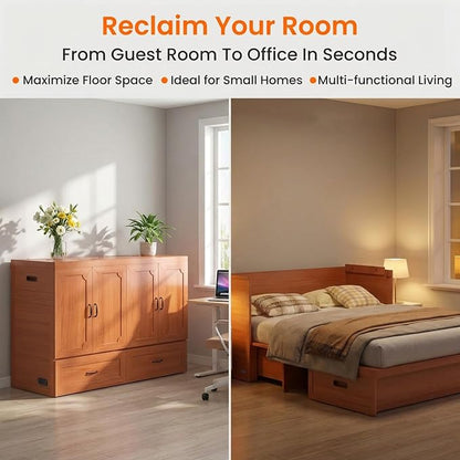 CECER Queen Murphy Bed with Mattress for Small Space/Guest-Maroon | Large Storage Drawer ＆ Built-in Multi-Port Charging Station，Space Saving ＆ Easy Assemble and Conversion